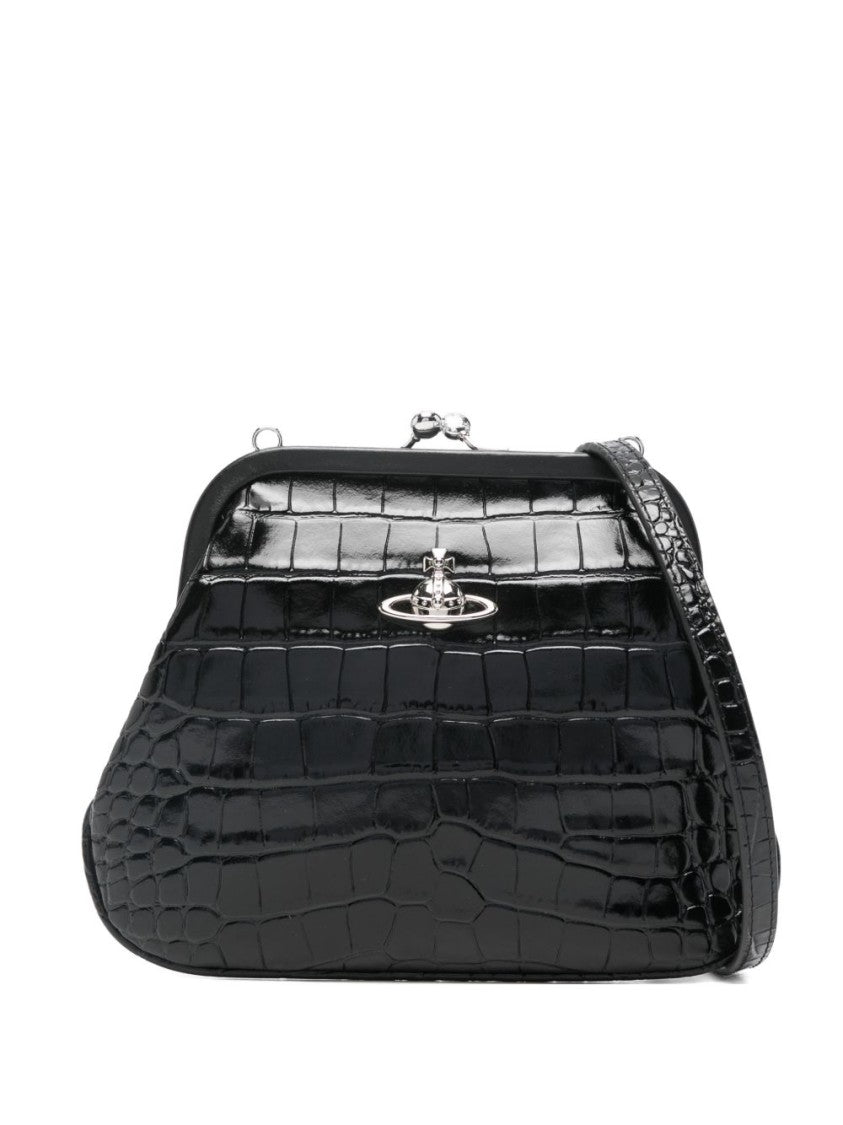 Vivienne Westwood Black Trapezoidal Croc Embossed Clasp Bag