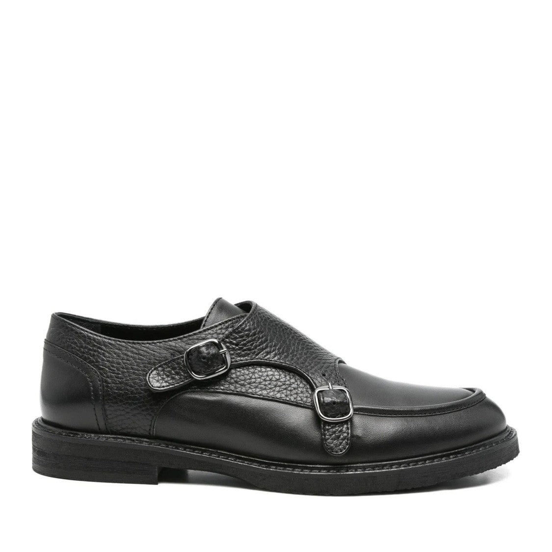 Adrianna Feretti Black Textured Silver Buckles Leather Loafers