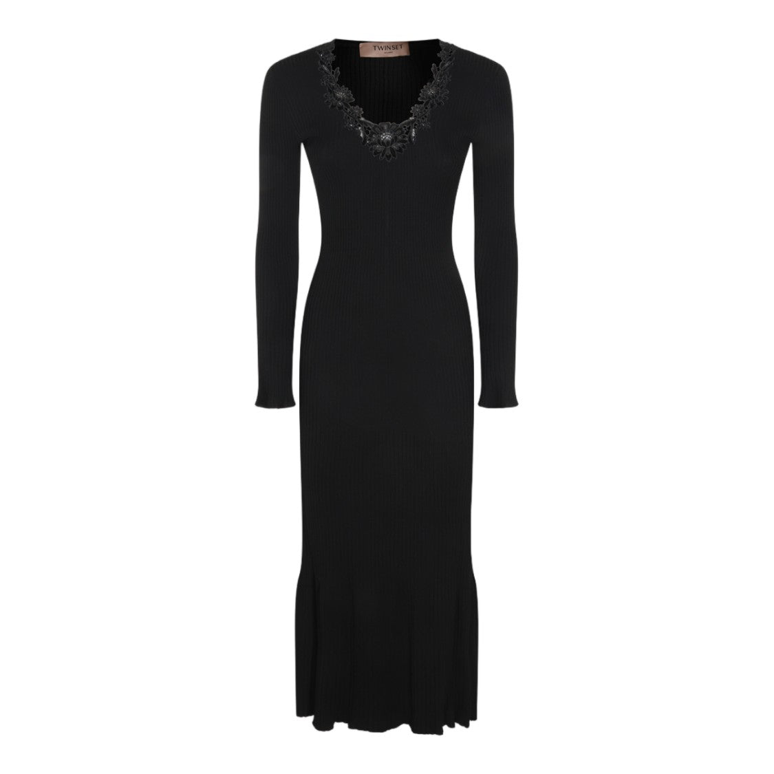Twin-Set Floral Lace Ruffled-Hem Fitted Midi Dress
