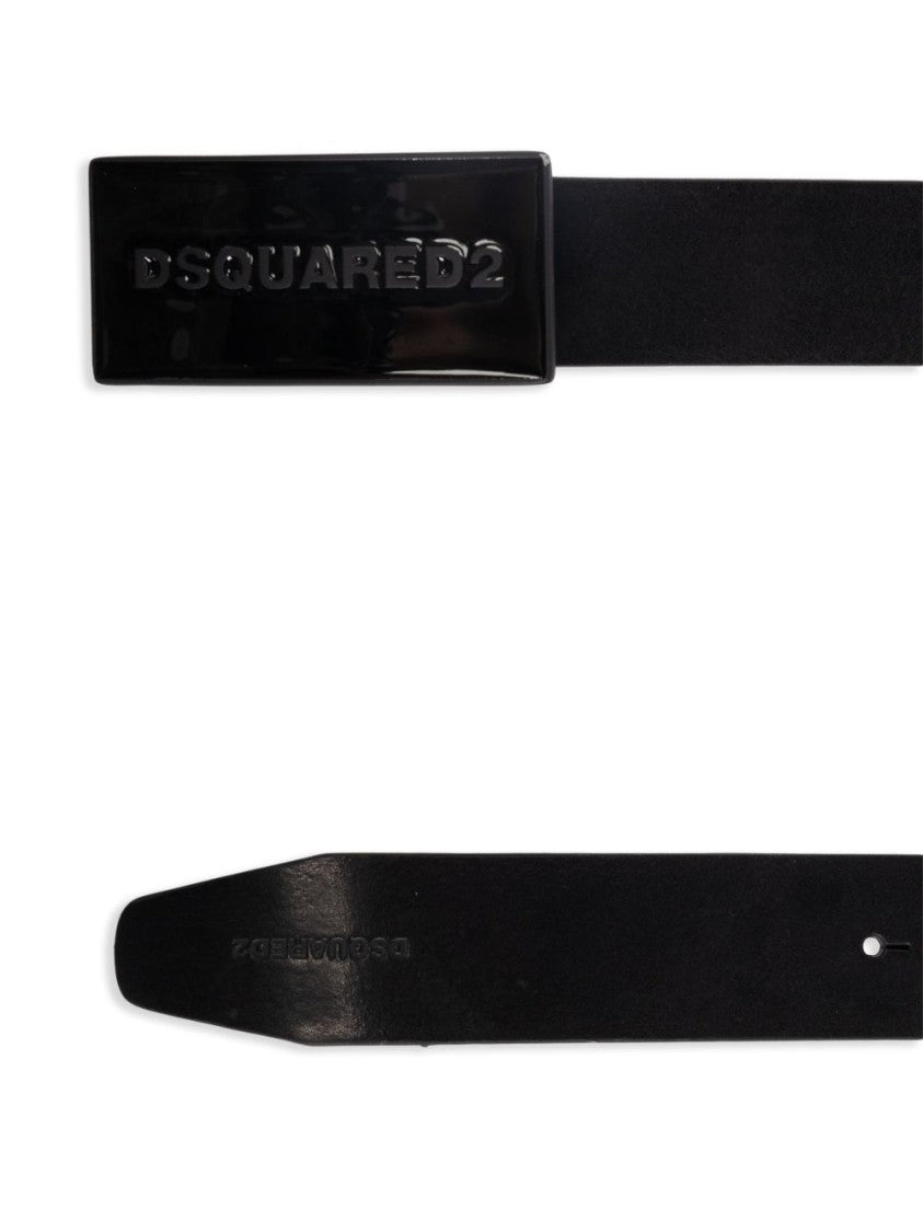 Dsquared2 Black Leather Belt With Rectangular Plaque Closure