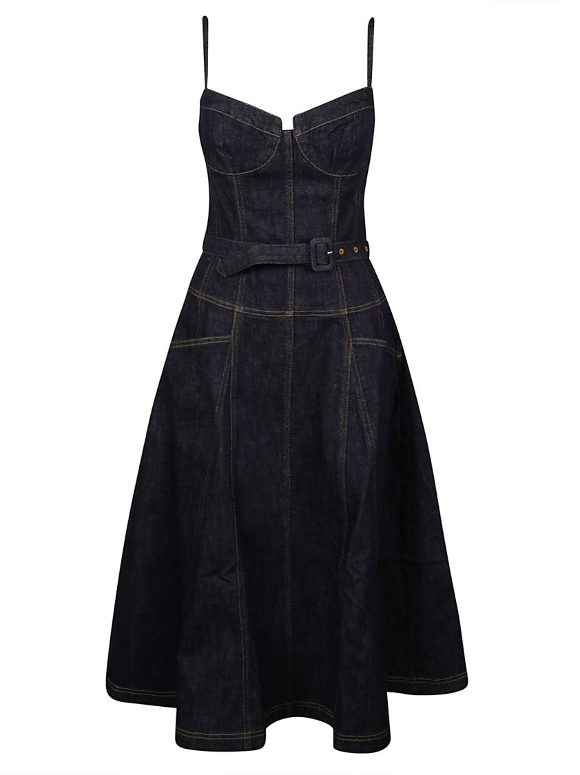 Self-Portrait Denim Flared Dark Cotton Midi Dress