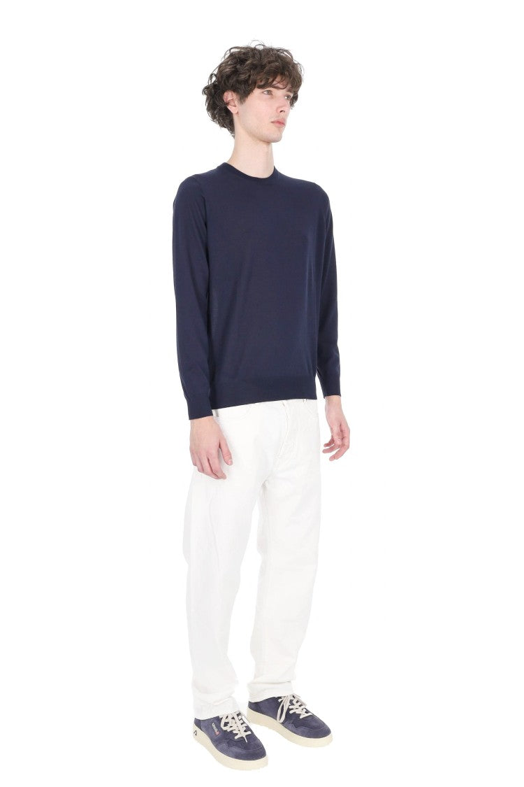 Drumohr Navy Cashmere-Wool-Silk Crewneck Sweater