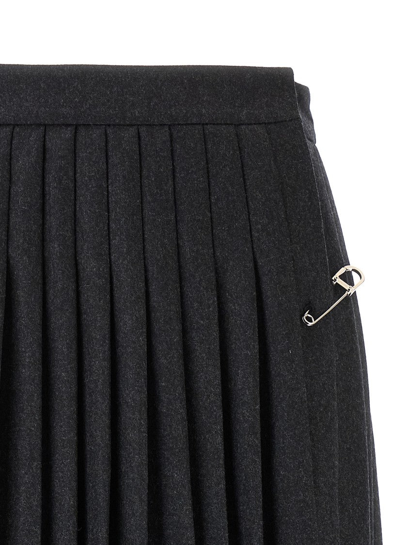 Prada Wool Midi Skirt With Structured Pleats And Brooch Detail