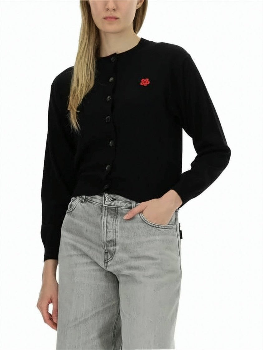 Kenzo Cropped Black Wool Cardigan With Button-Down Front And Embroidered Detail