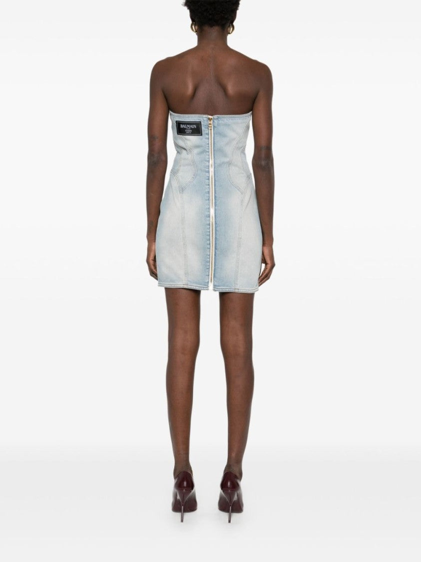Balmain Light Blue Strapless Sweetheart Neck Dress
