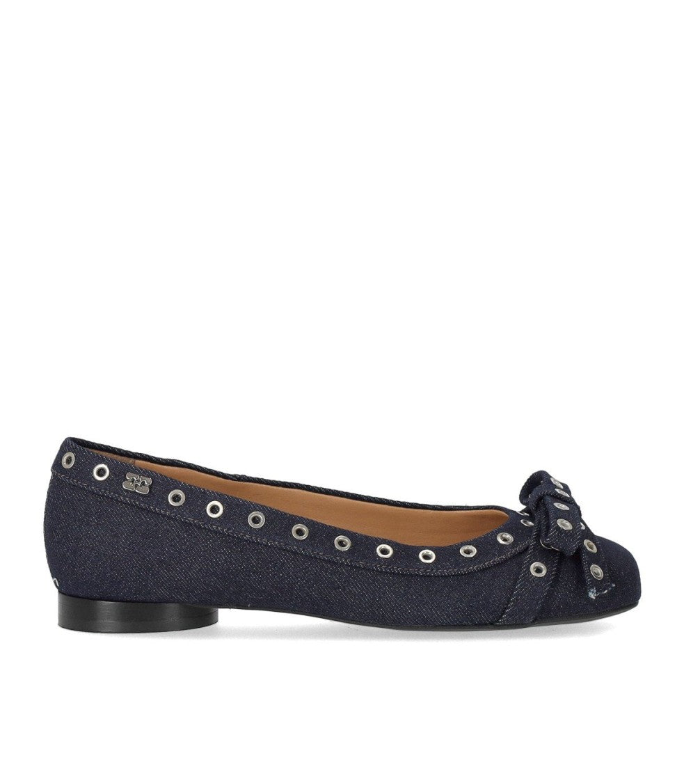 Ganni Blue Denim Ballet Flat Shoe With Bows
