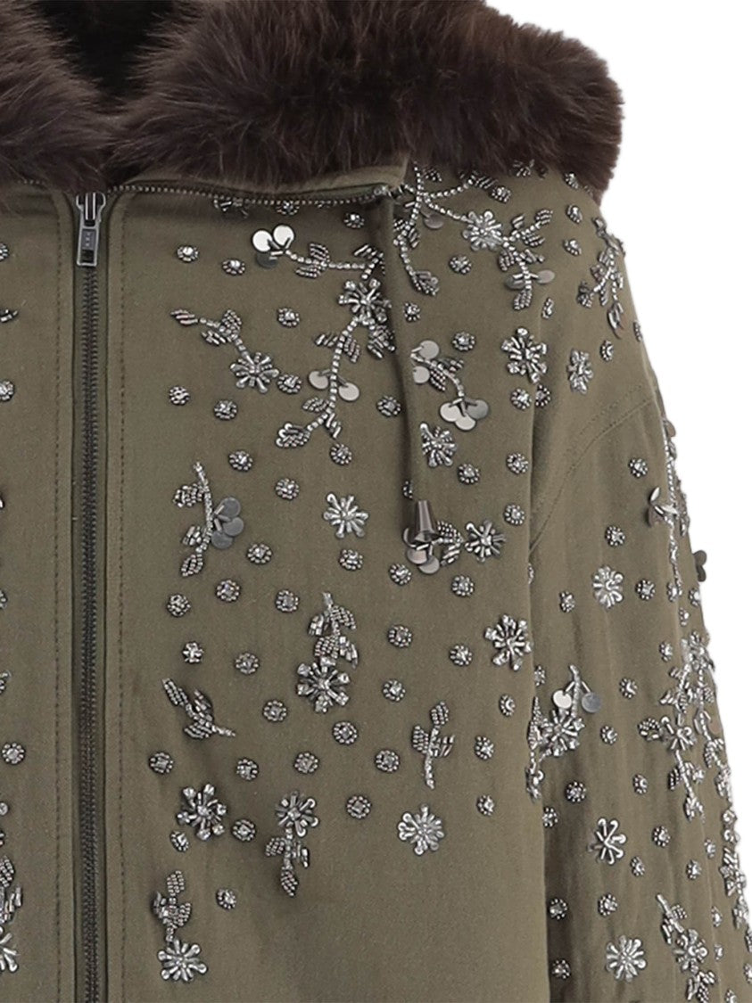 Novelle Green Floral Embroidered Hooded Cotton Jacket