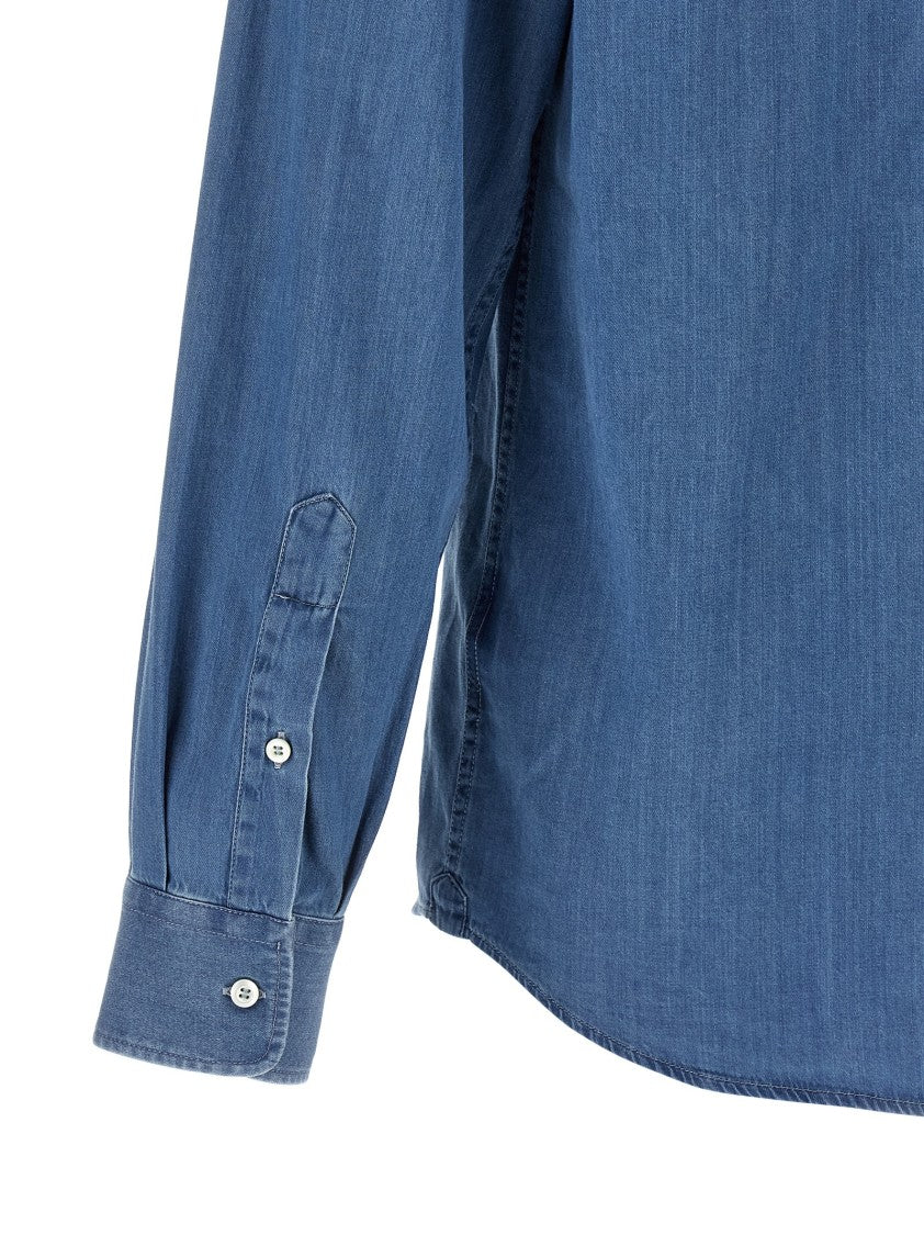 Brunello Cucinelli Light Blue Cotton Denim Shirt With Classic Collar