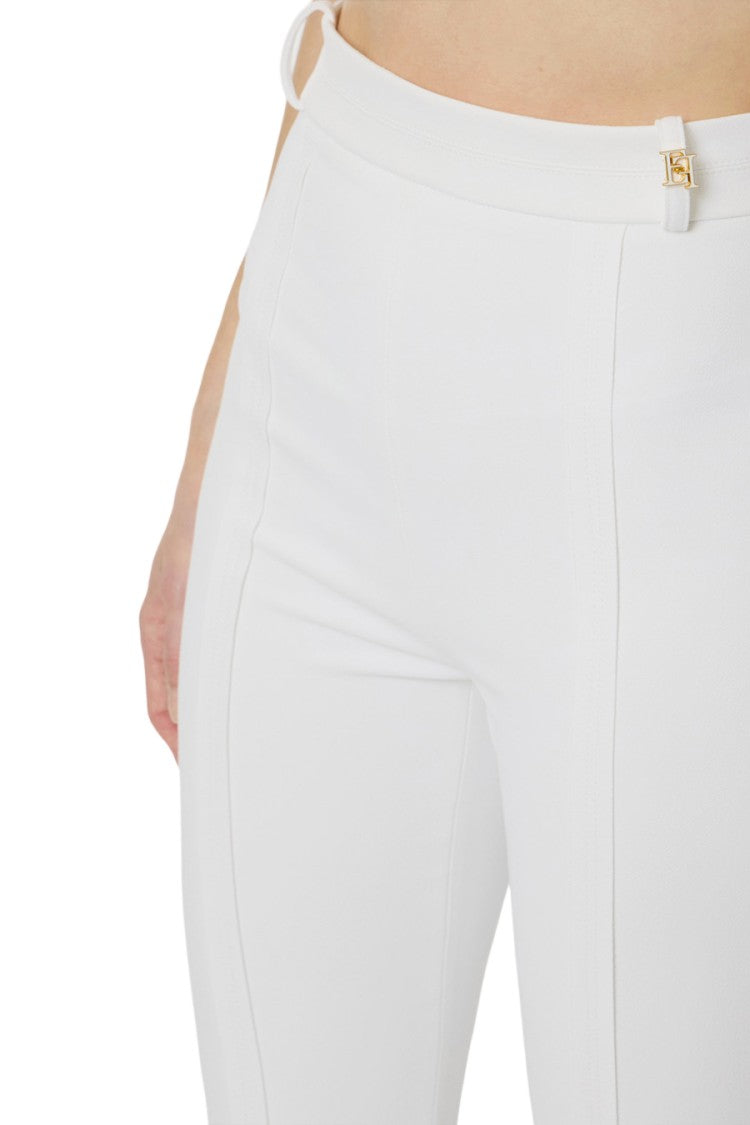 Elisabetta Franchi Ivory High-Waisted Gold Side Buckle Polyester-Blend Flared Pants