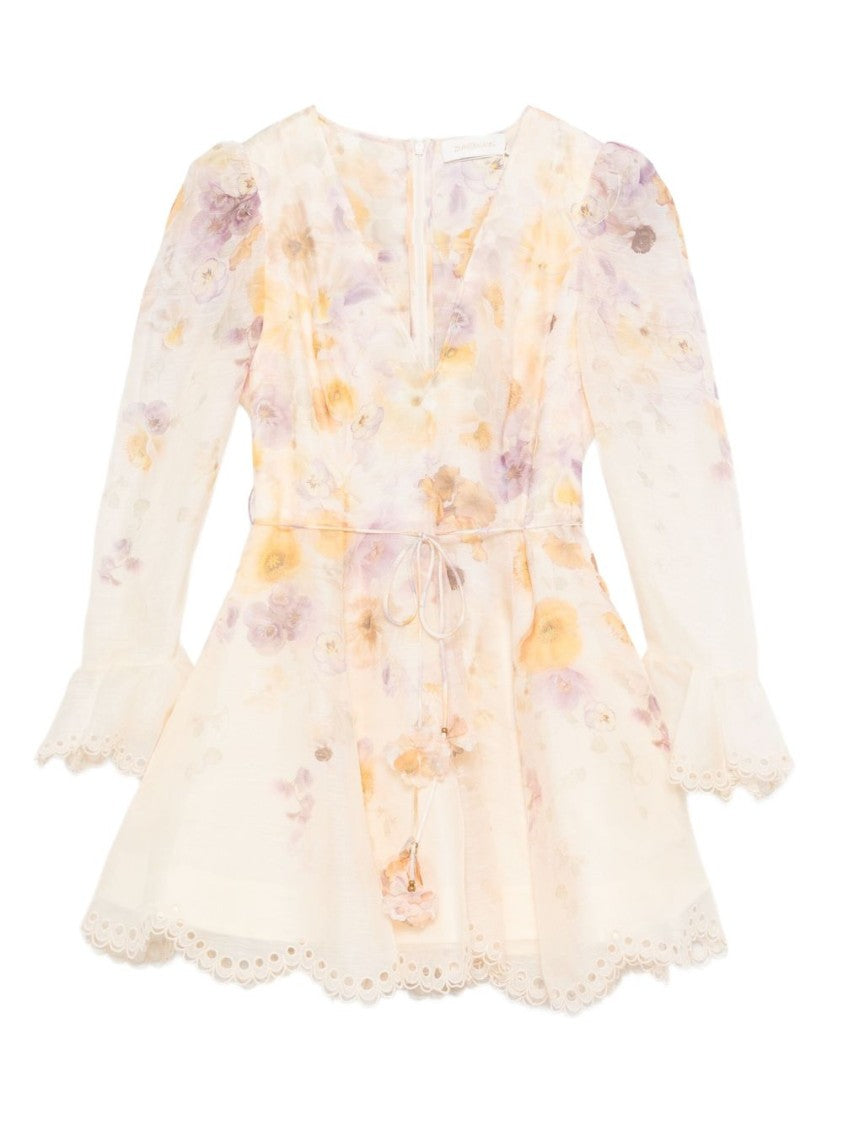 Zimmermann Floral-Embellished Minidress With Puffed Sleeves