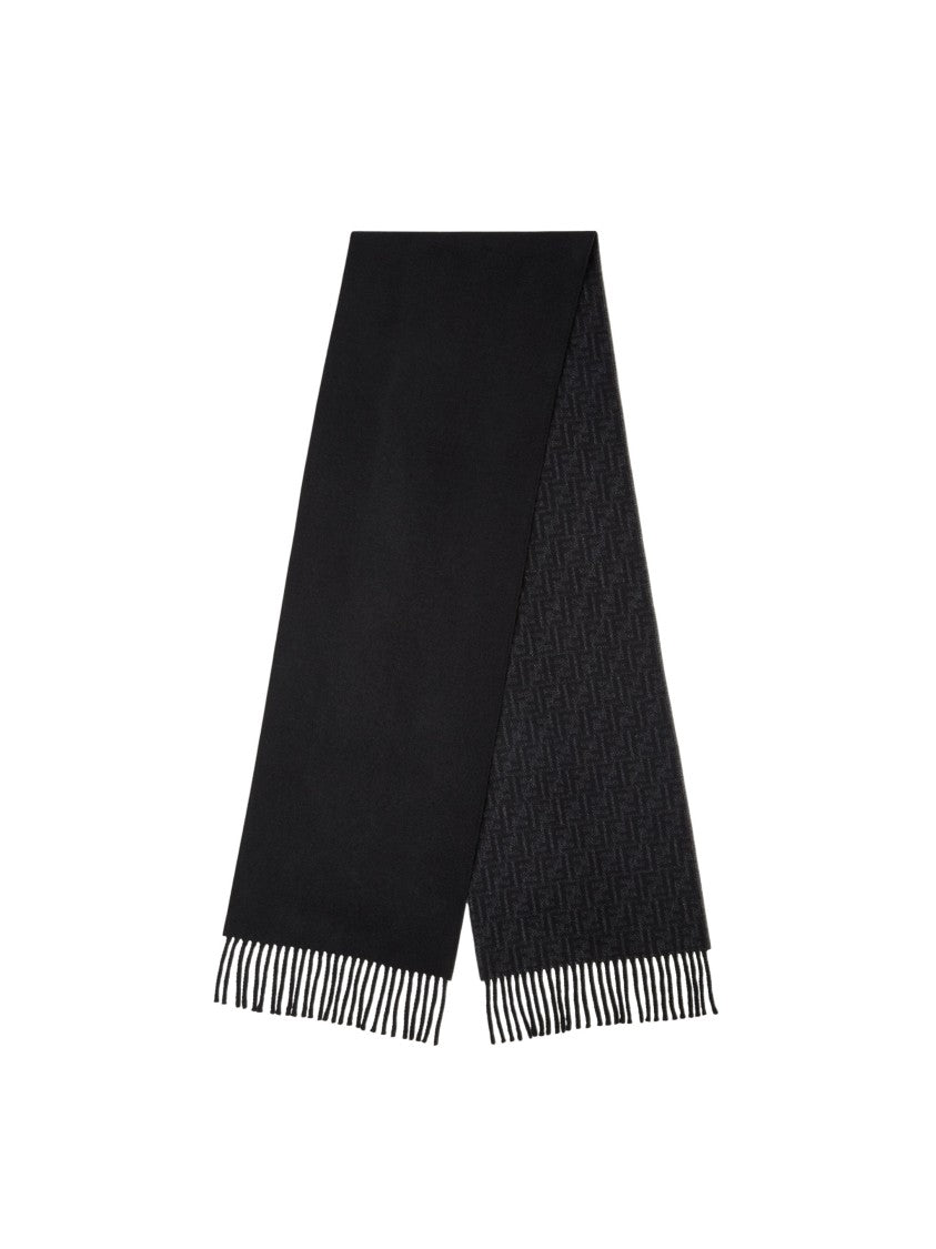 Fendi Black Ff Signature Jacquard Fringe Cashmere-Blend Scarf