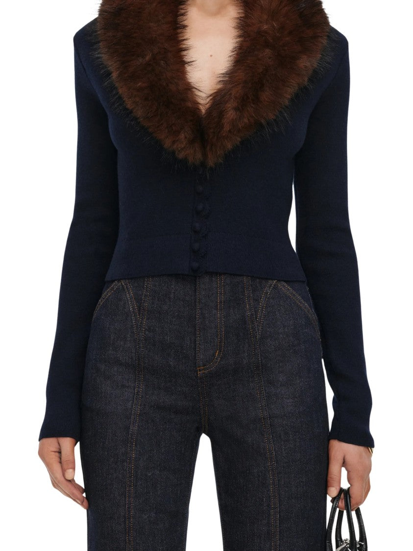 Self-Portrait Navy Faux-Fur Collar Cropped Knit Cardigan