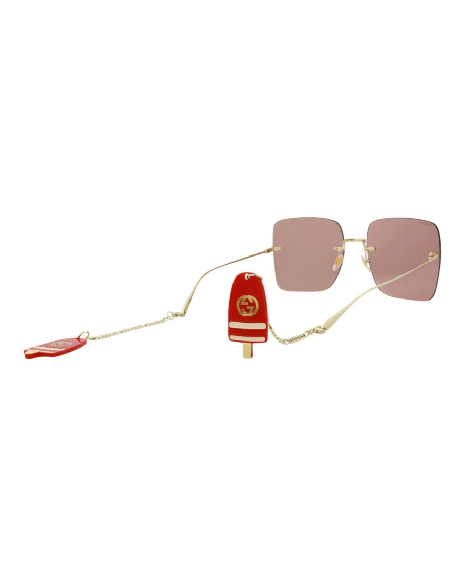 Gucci Square-Frame Gold Metal Sunglasses With Removable Logo Danglers