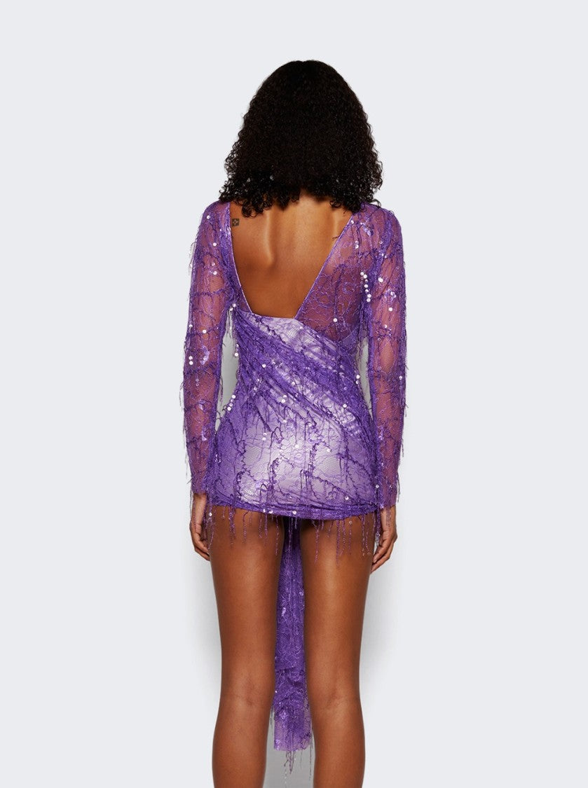 Christopher Esber Encased Beaded Ivy Lace Long Sleeve Mini Dress Grape