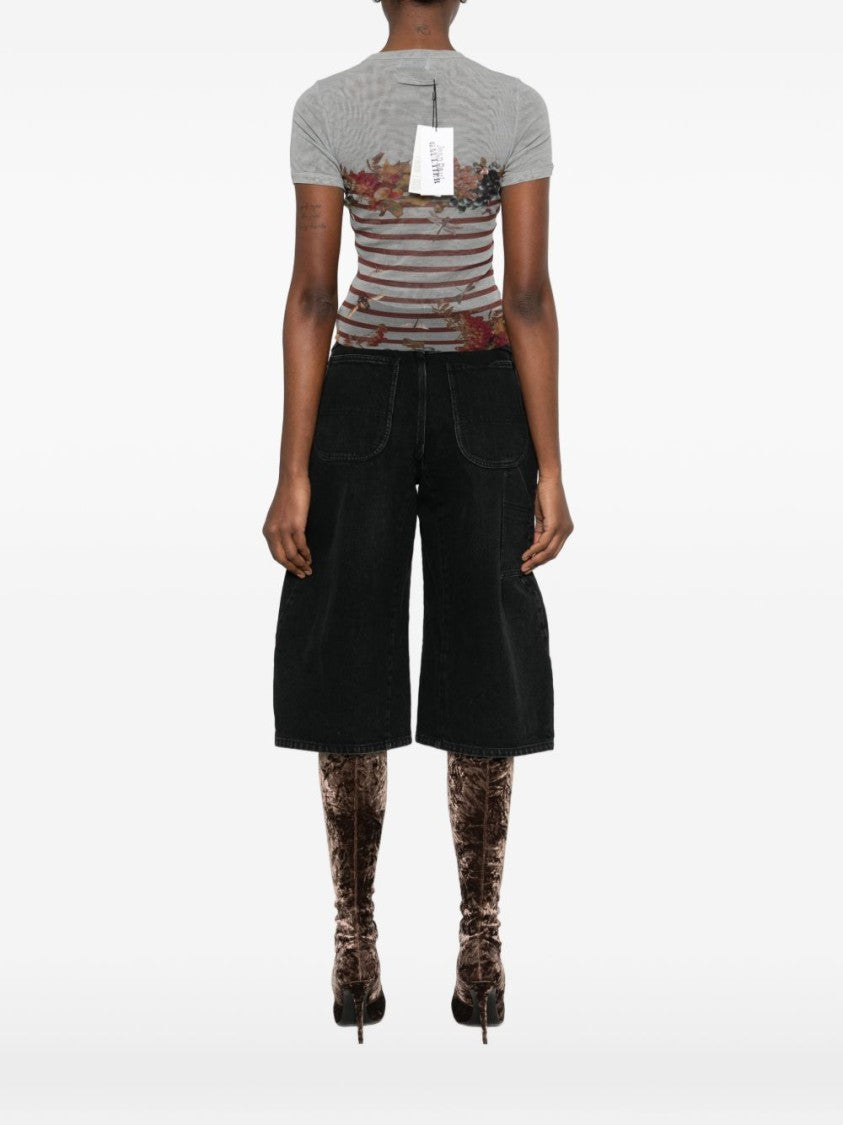 Jean Paul Gaultier Short-Sleeve Fitted Top With Floral Motif And Stripes