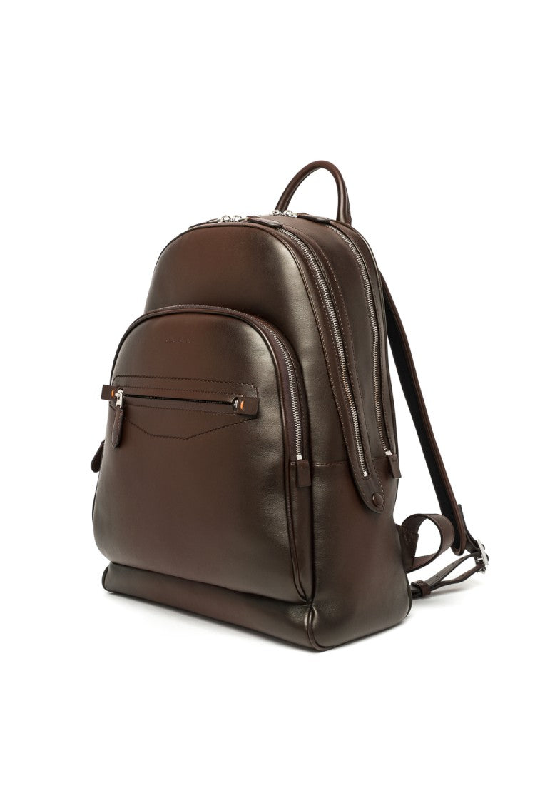 Santoni Artisanal Brown Leather Backpack With Dual Compartments