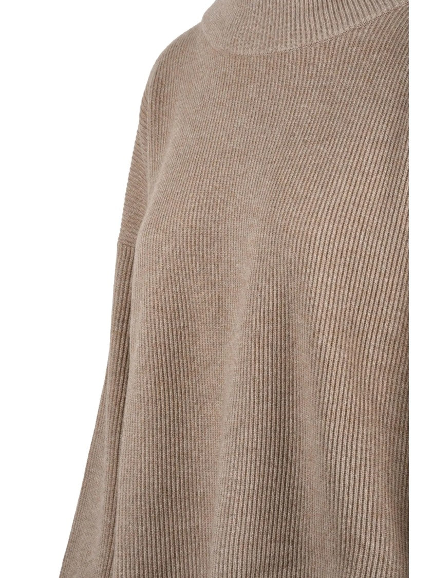 Brunello Cucinelli Beige Double Collar Ribbed Virgin Wool-Blend Sweater