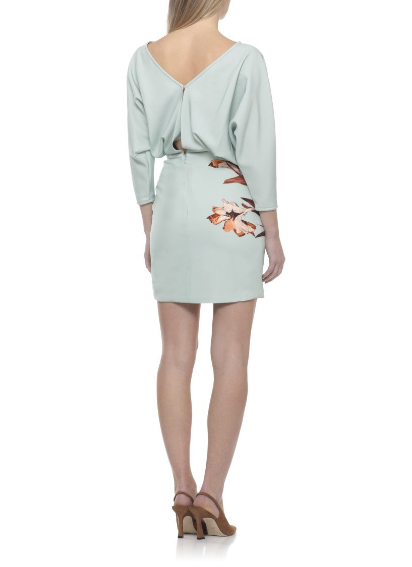 Costarellos Aqua Green Crepe Dress With Floral Print And Draping Detail