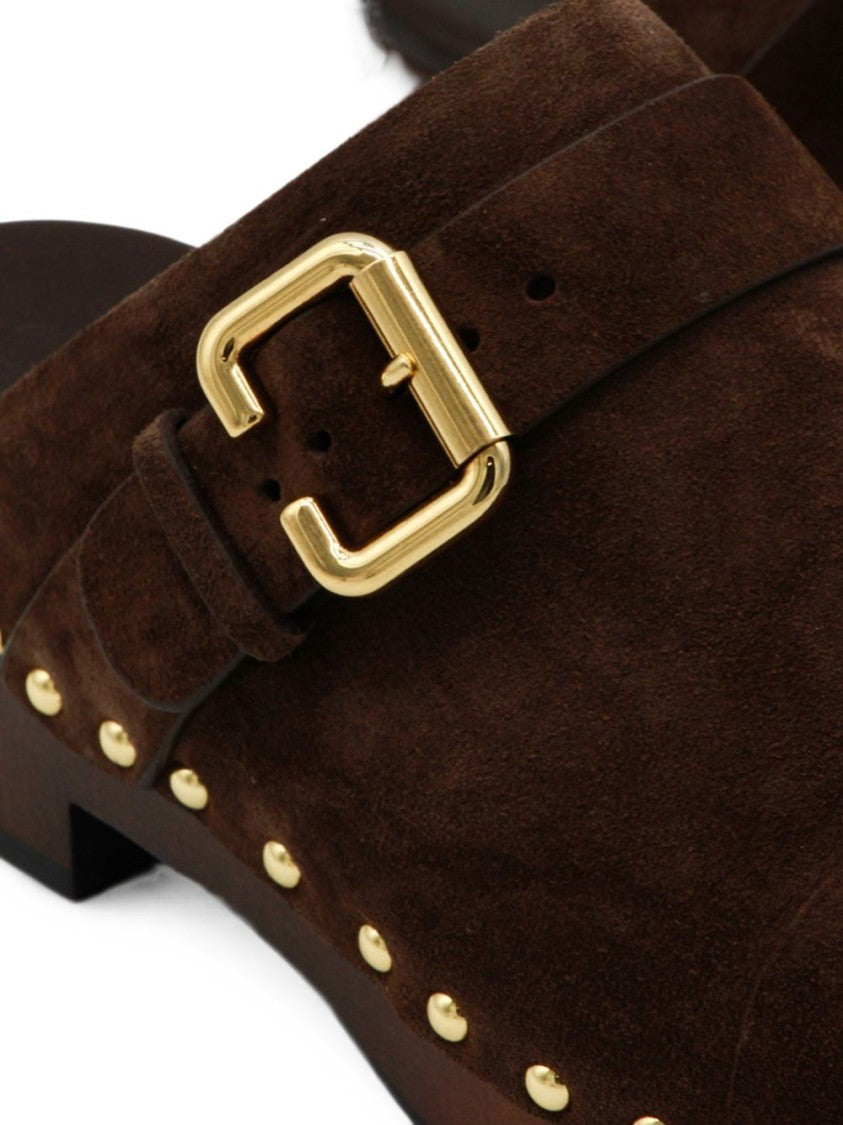 Chloé Dark Brown Suede Press Studs Monogram Flats