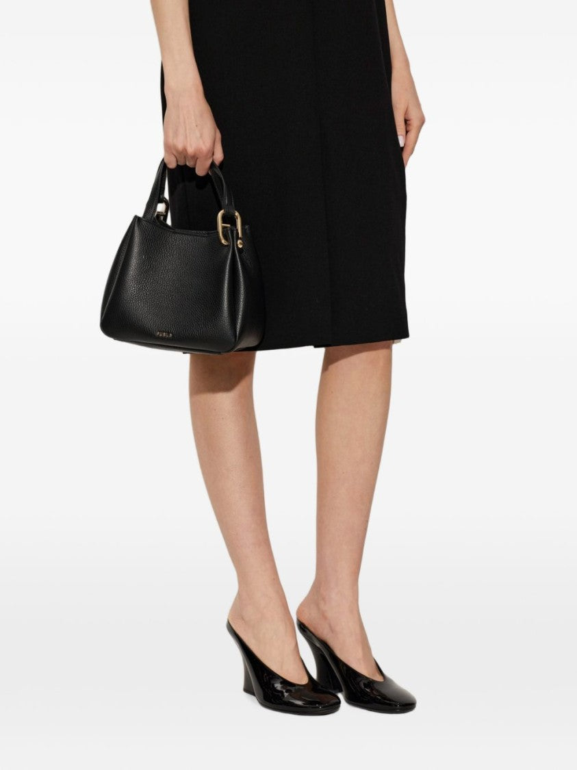Furla Black Structured Textured Gold-Tone Handbag