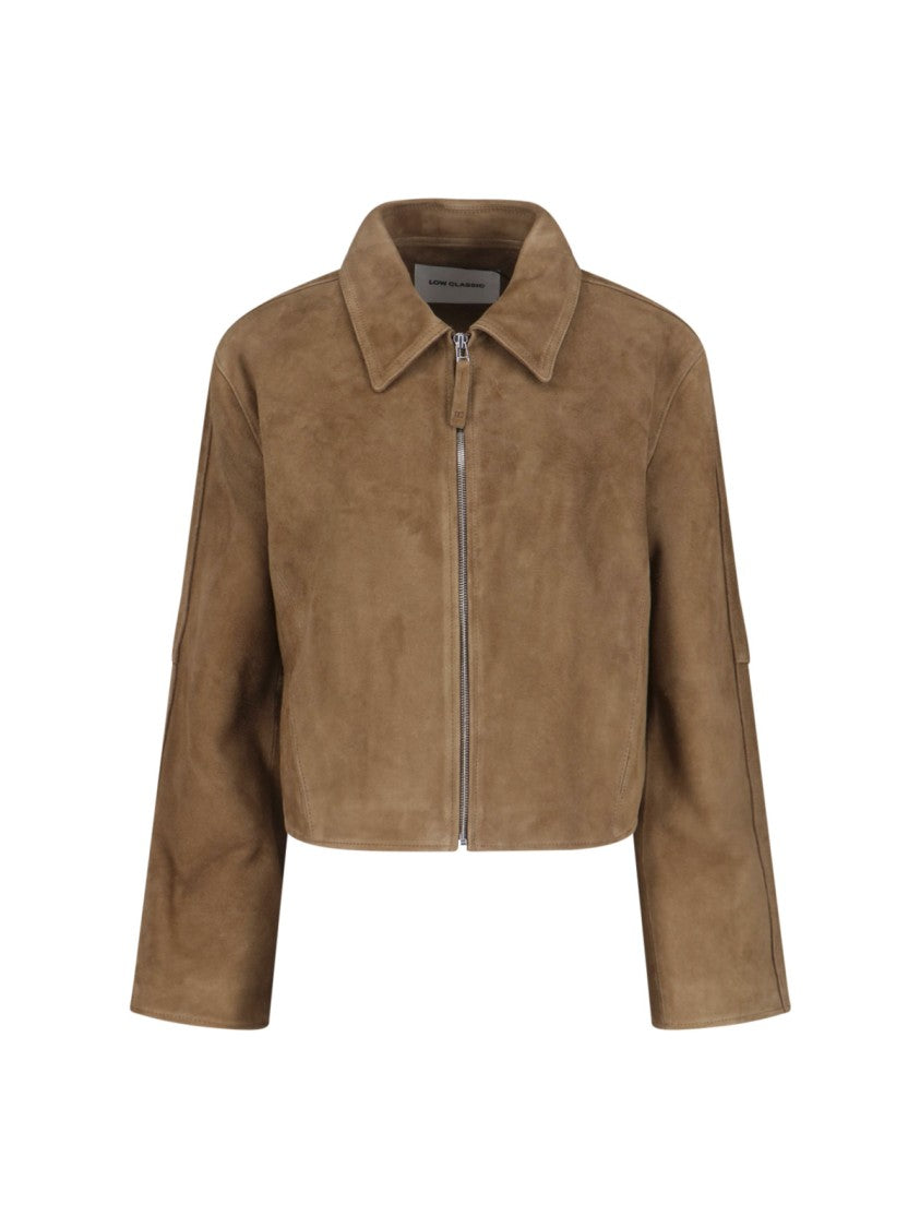 Low Classic Cropped Brown Goat Leather Suede Jacket With Classic Collar