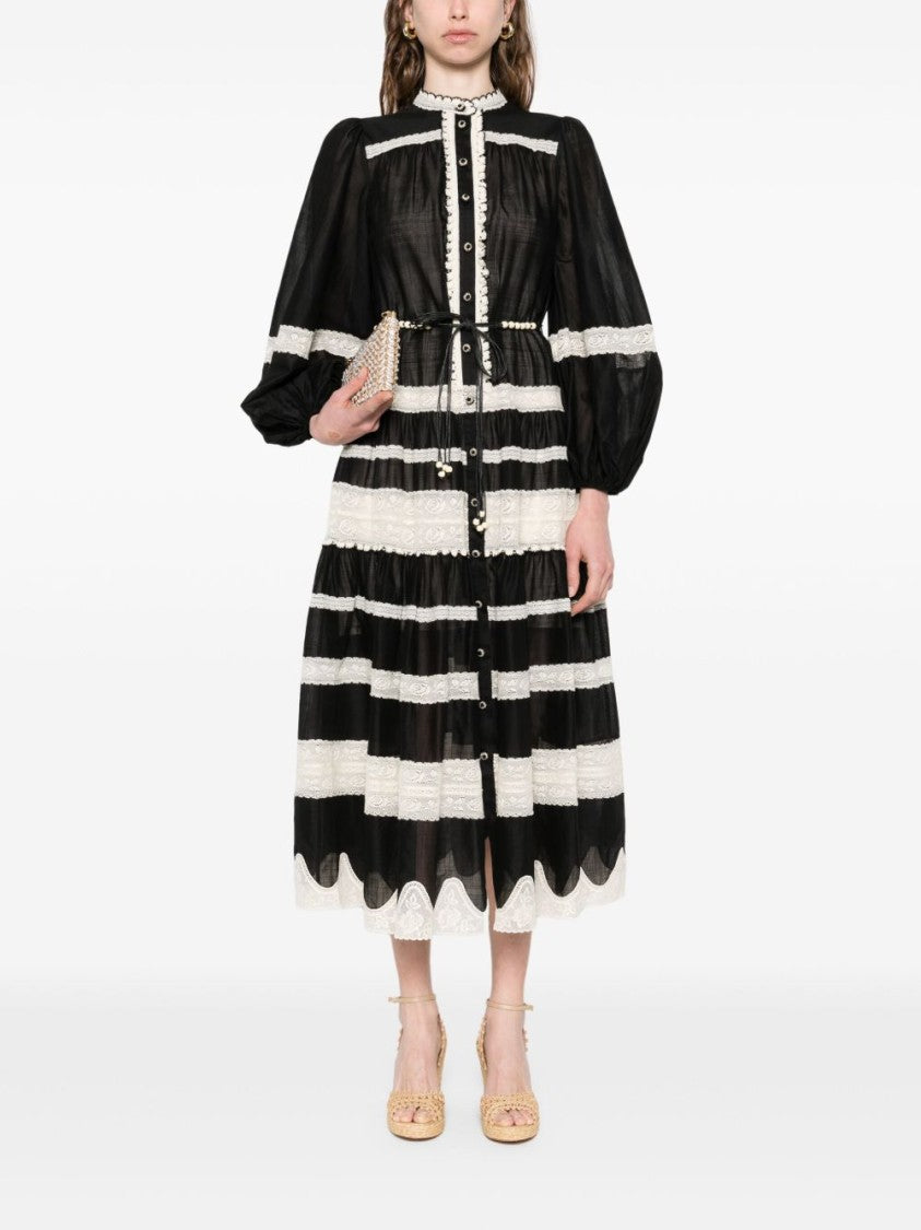 Zimmermann Black And White Striped Midi Dress With Puff Sleeves