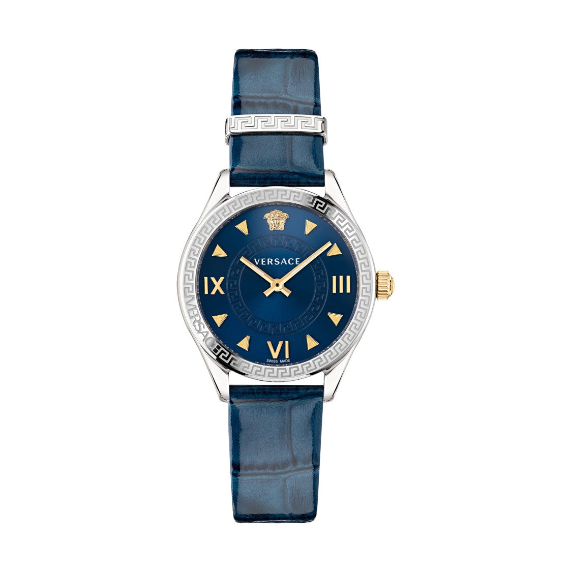 Versace 36Mm Swiss-Made Versace Hellenyium Watch With Blue Dial And Leather Strap