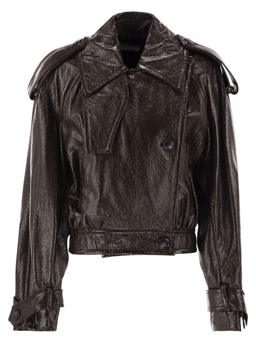 Sportmax Short Trench Coat With Patent Effect And Bomber Inspired Details