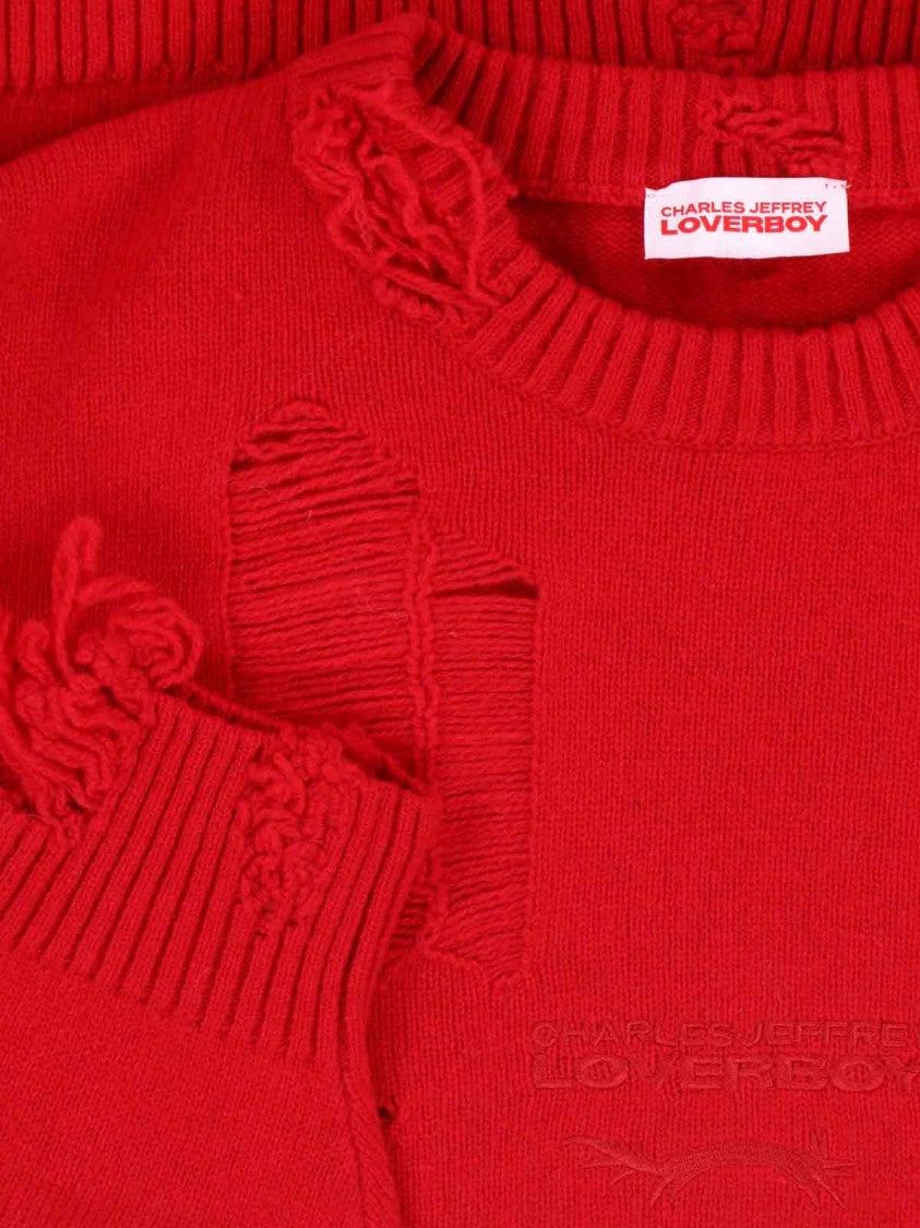 Charles Jeffrey Loverboy Distressed Red Wool Blend Sweater With Ribbed Finishes