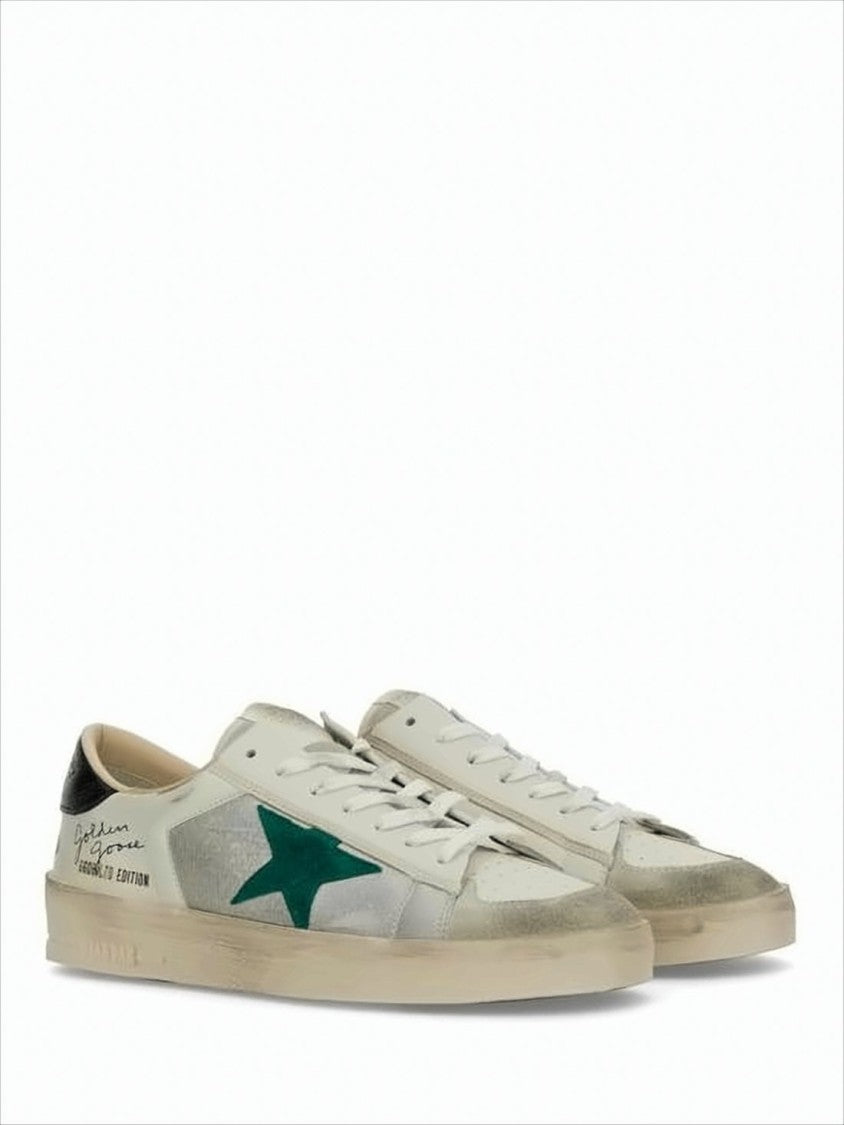 Golden Goose Worn-In White Leather And Suede Low-Top Sneakers With Green Star Detail