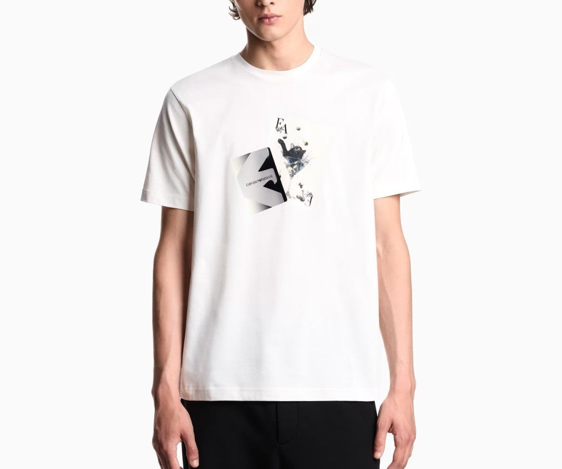 Emporio Armani White Crewneck T-Shirt With Abstract Print