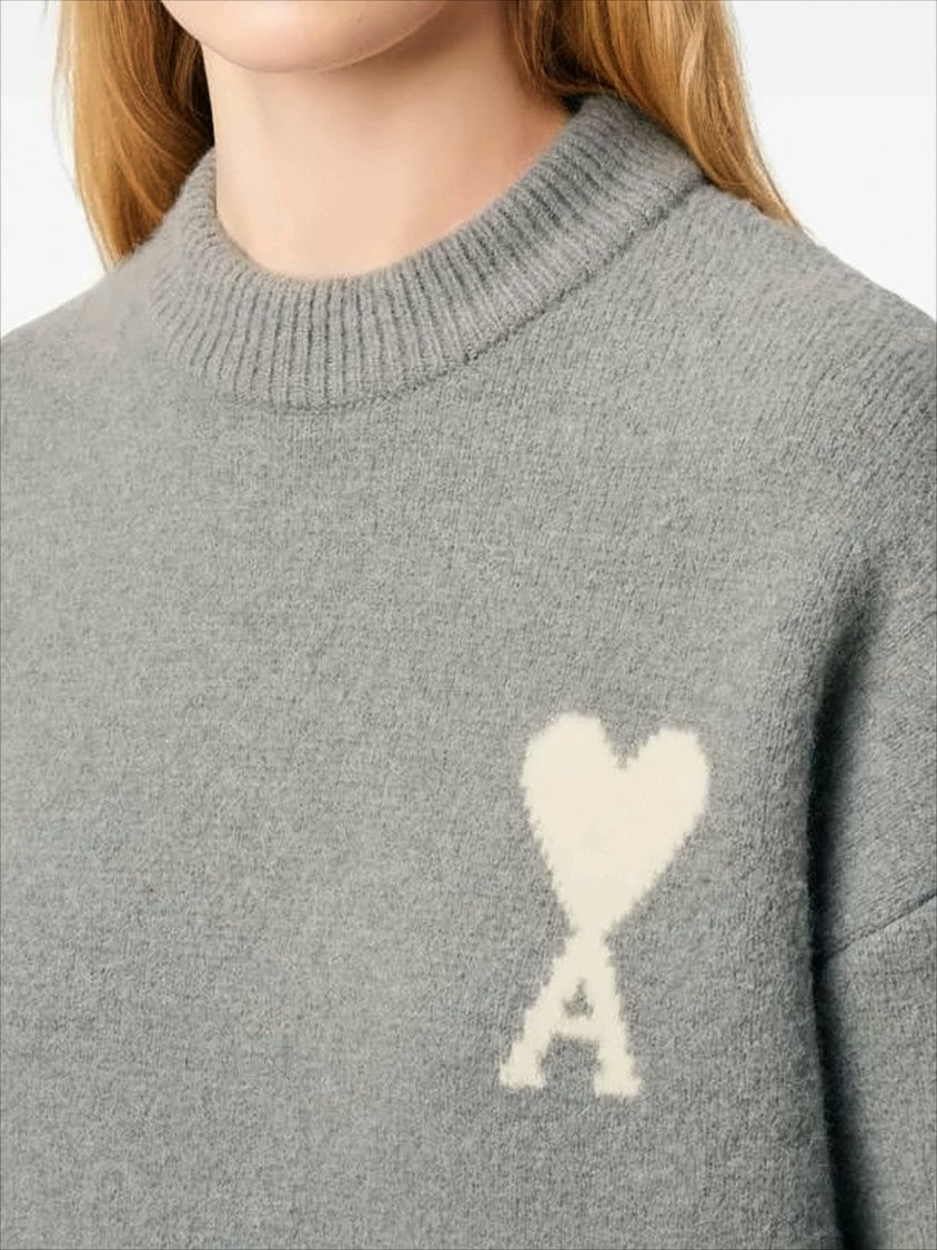 Ami Paris Grey Knit Sweater With Heart Motif