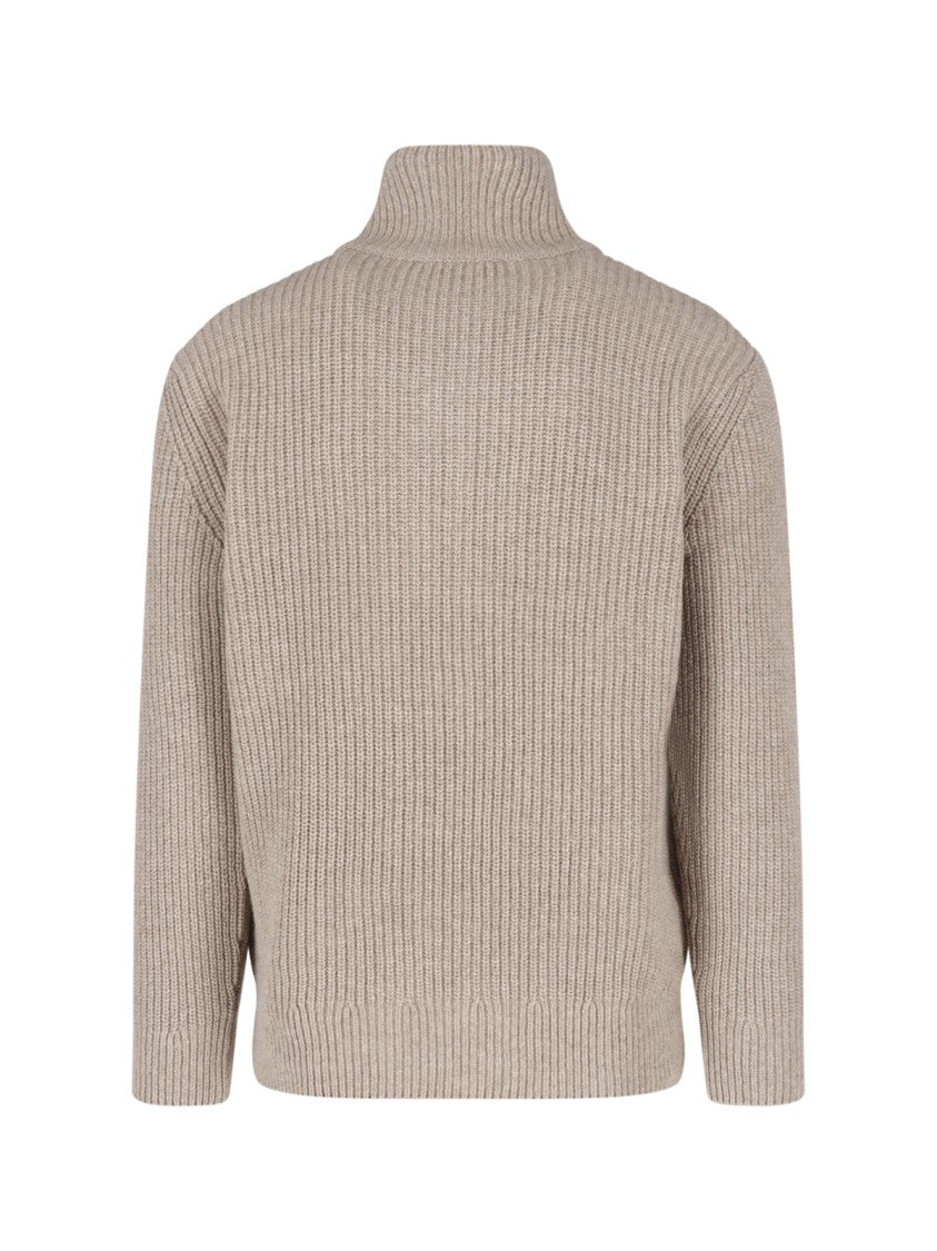 Closed Beige Wool Ribbed Zip Turtleneck Sweater