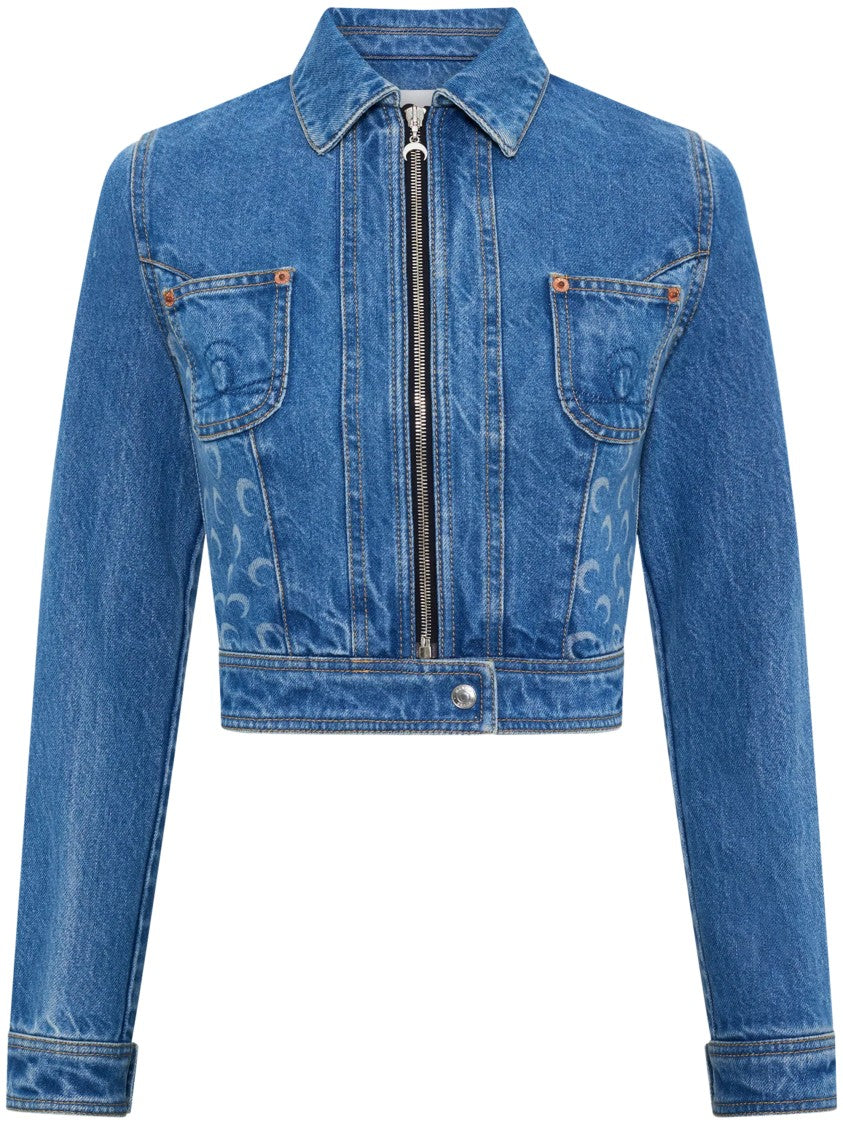 Marine Serre Cropped Denim Trucker Jacket With Crescent Moon Patterns