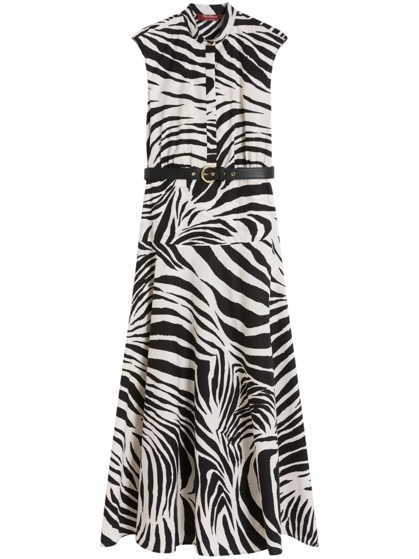 Max Mara Zebra Print Midi Dress With High Collar And Gold Buckle