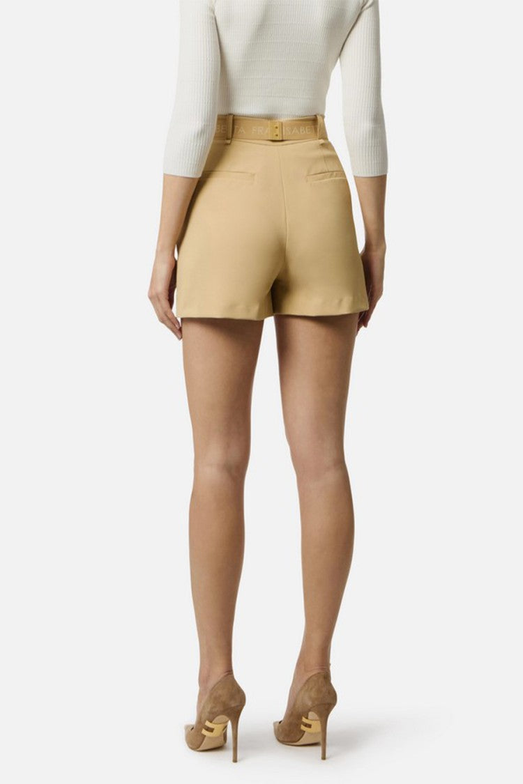 Elisabetta Franchi Camel Gold-Buckle Logo Belt Polyamide-Blend Shorts