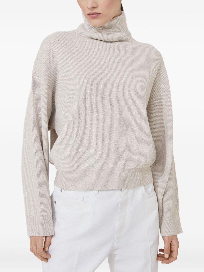 Brunello Cucinelli Ribbed Knit Sweater With High Turtleneck And Dropped Shoulders