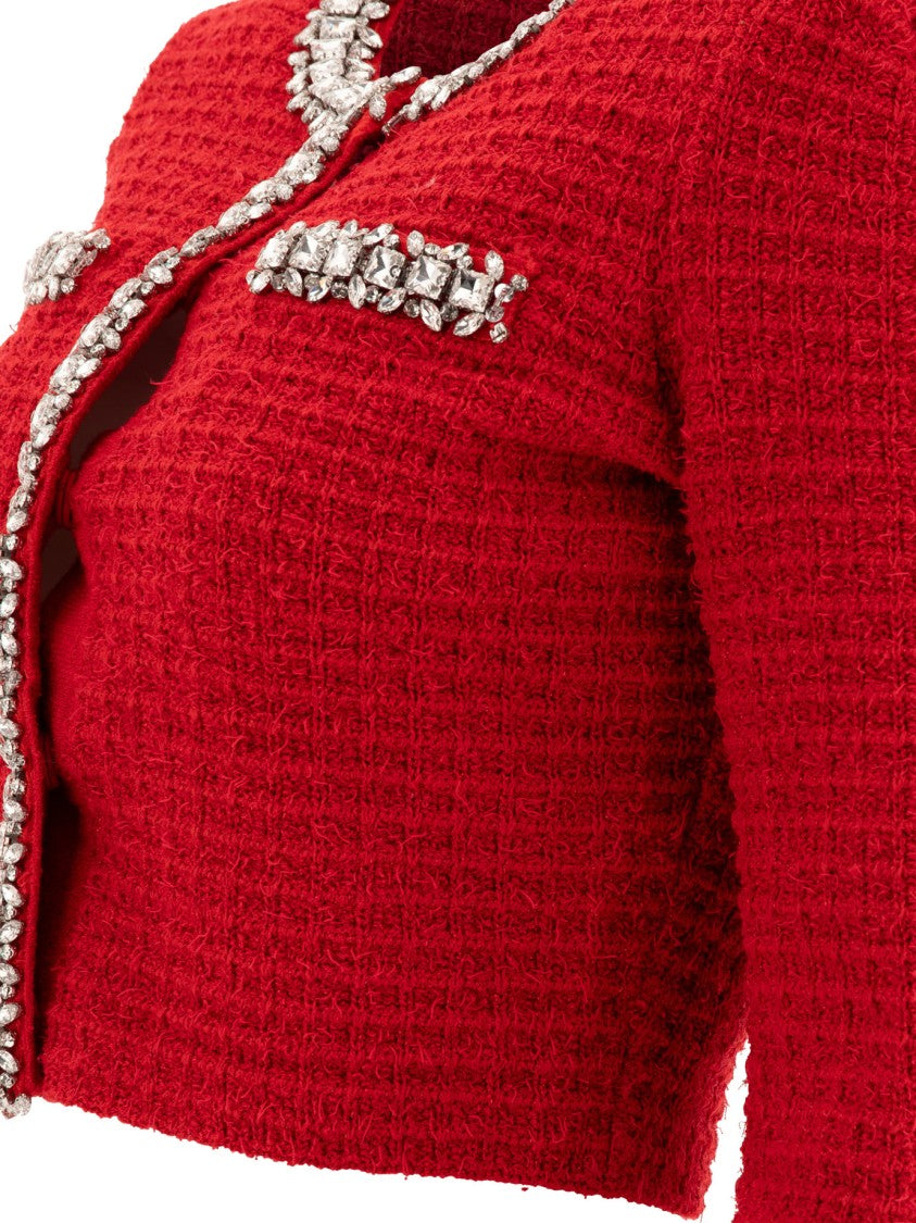 Self-Portrait Cropped Textured Knitwear With Crystal Embellishments