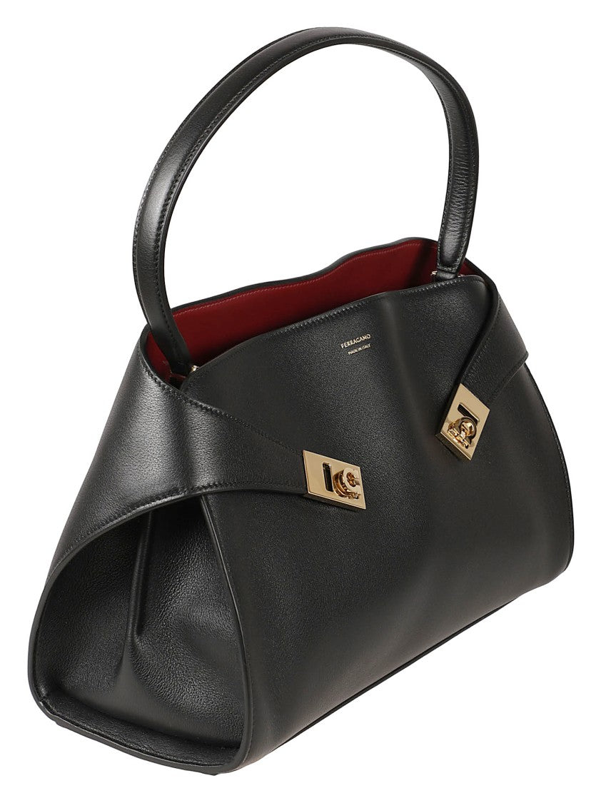 Ferragamo Structured Black Leather Handbag With Gold-Tone Hardware