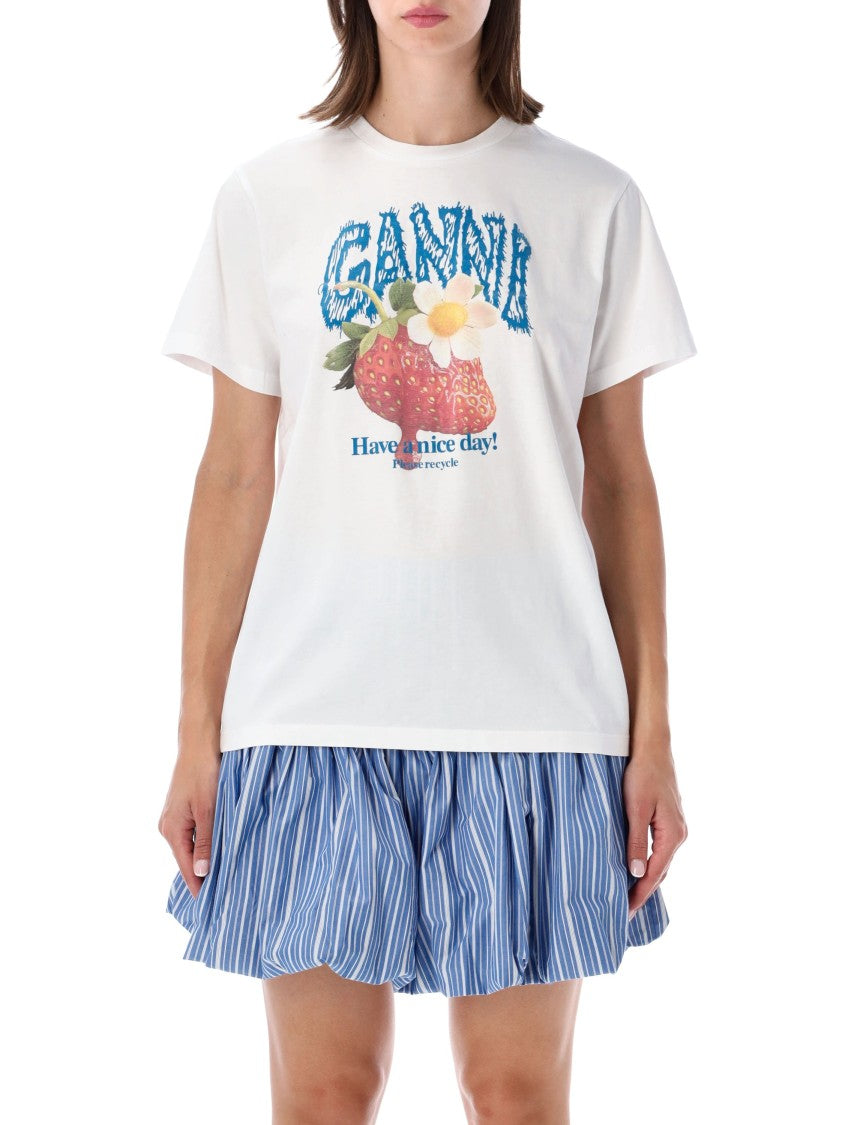 Ganni Short-Sleeve Graphic T-Shirt With Strawberry Print