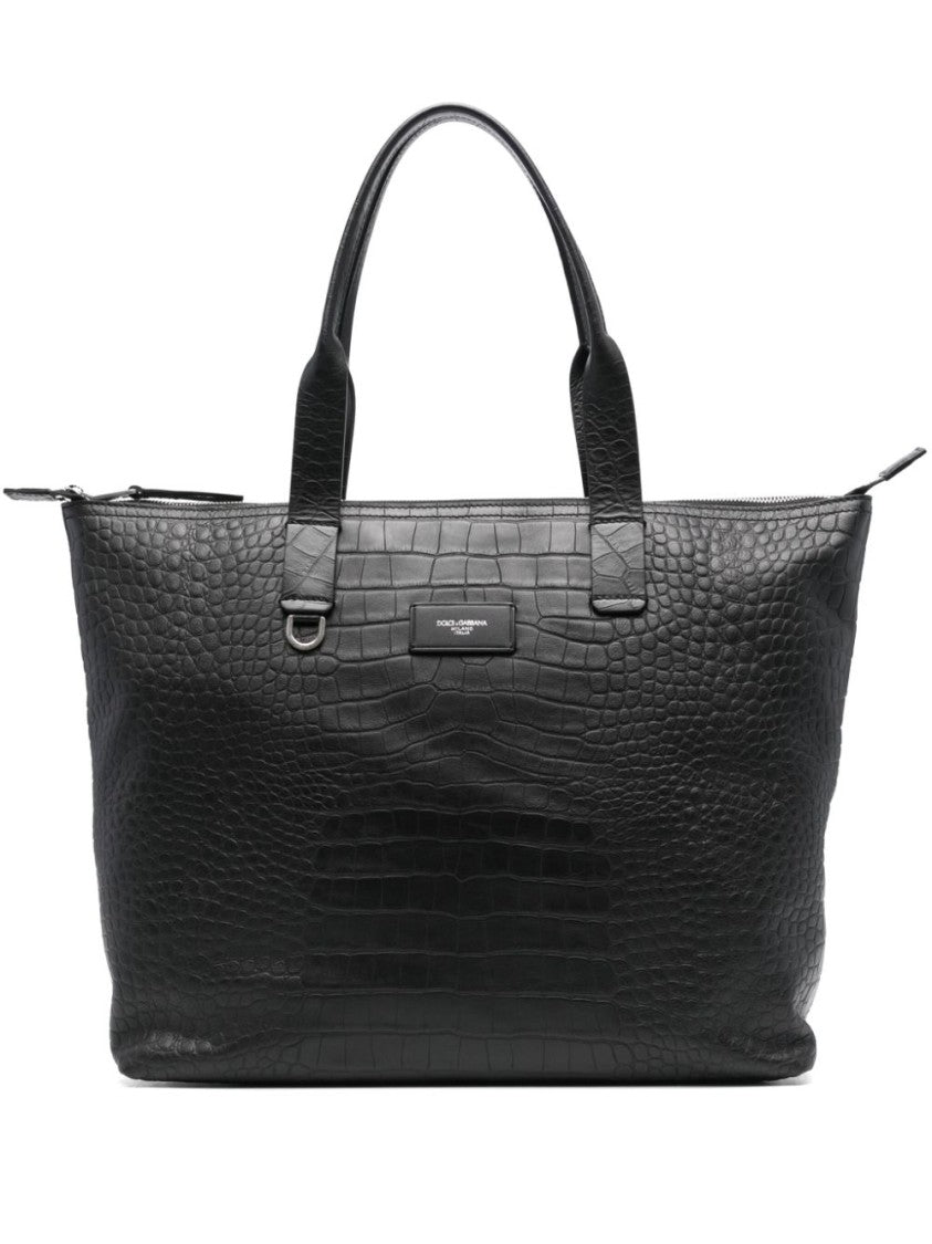 Dolce & Gabbana Textured Black Leather Tote Bag With Rolled Handles