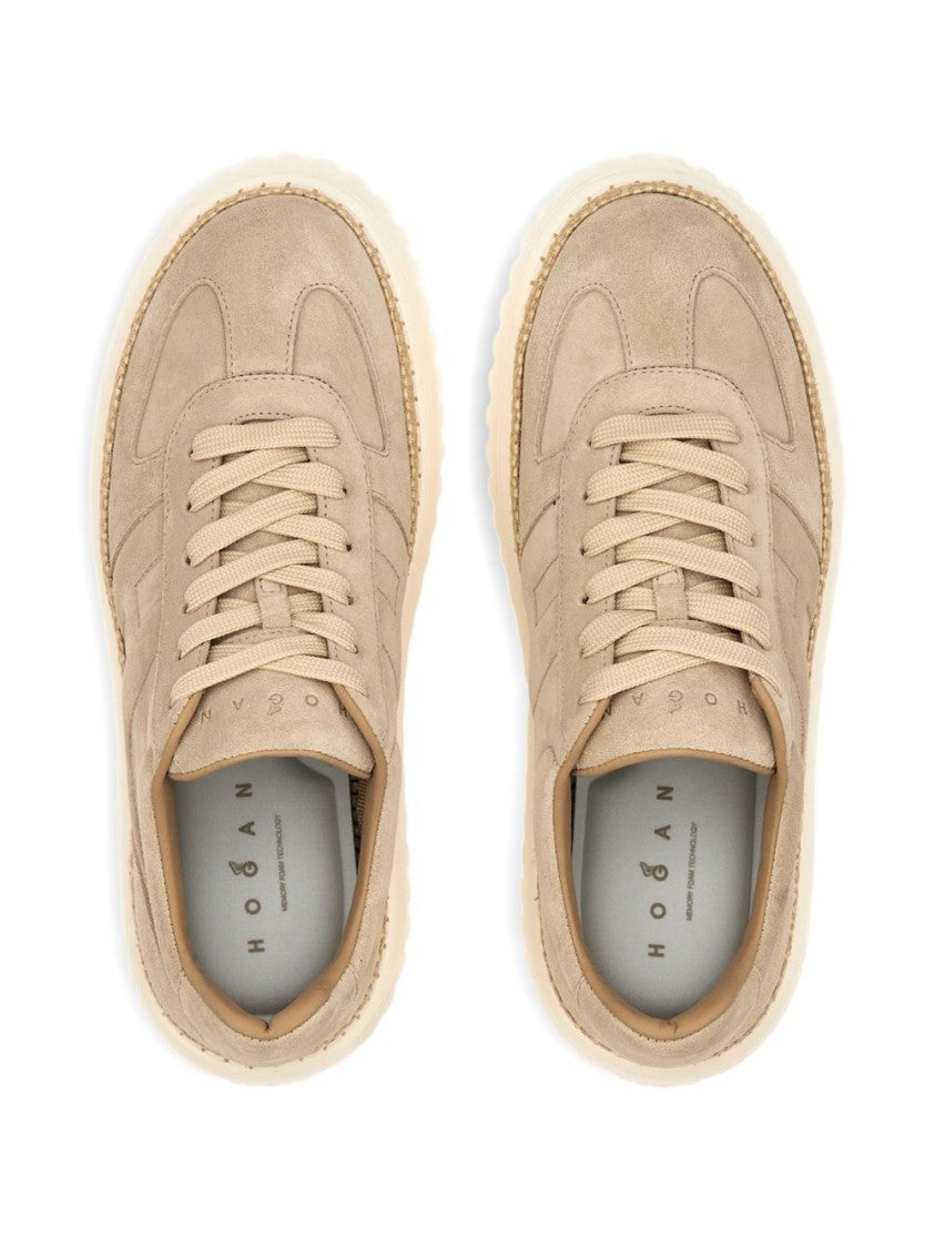 Hogan Beige Suede Sneakers With Thick Ridged Sole And Woven Trim