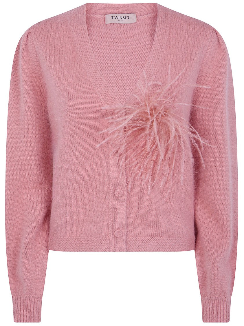 Twin-Set Cropped Cardigan With Fuzzy Knit And Feather Detail