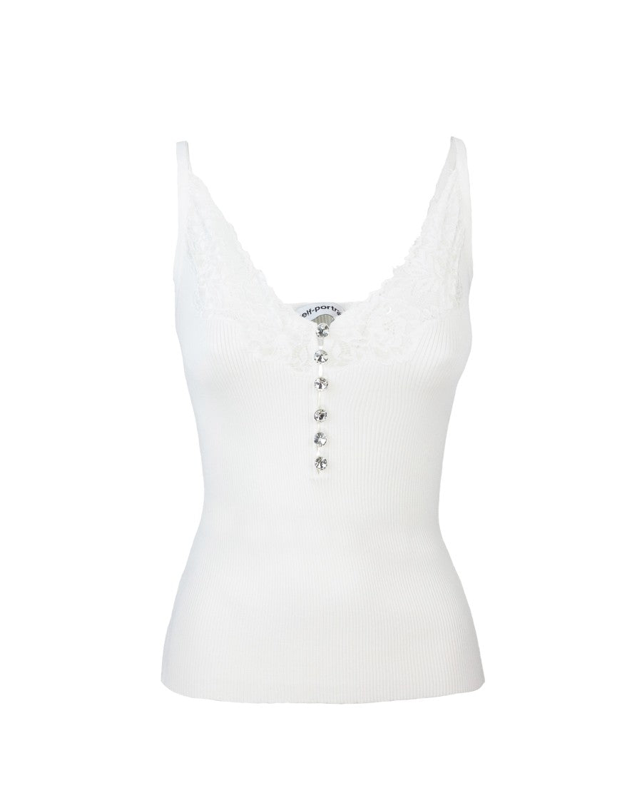 Self-Portrait White Ribbed Top With Lace Trim