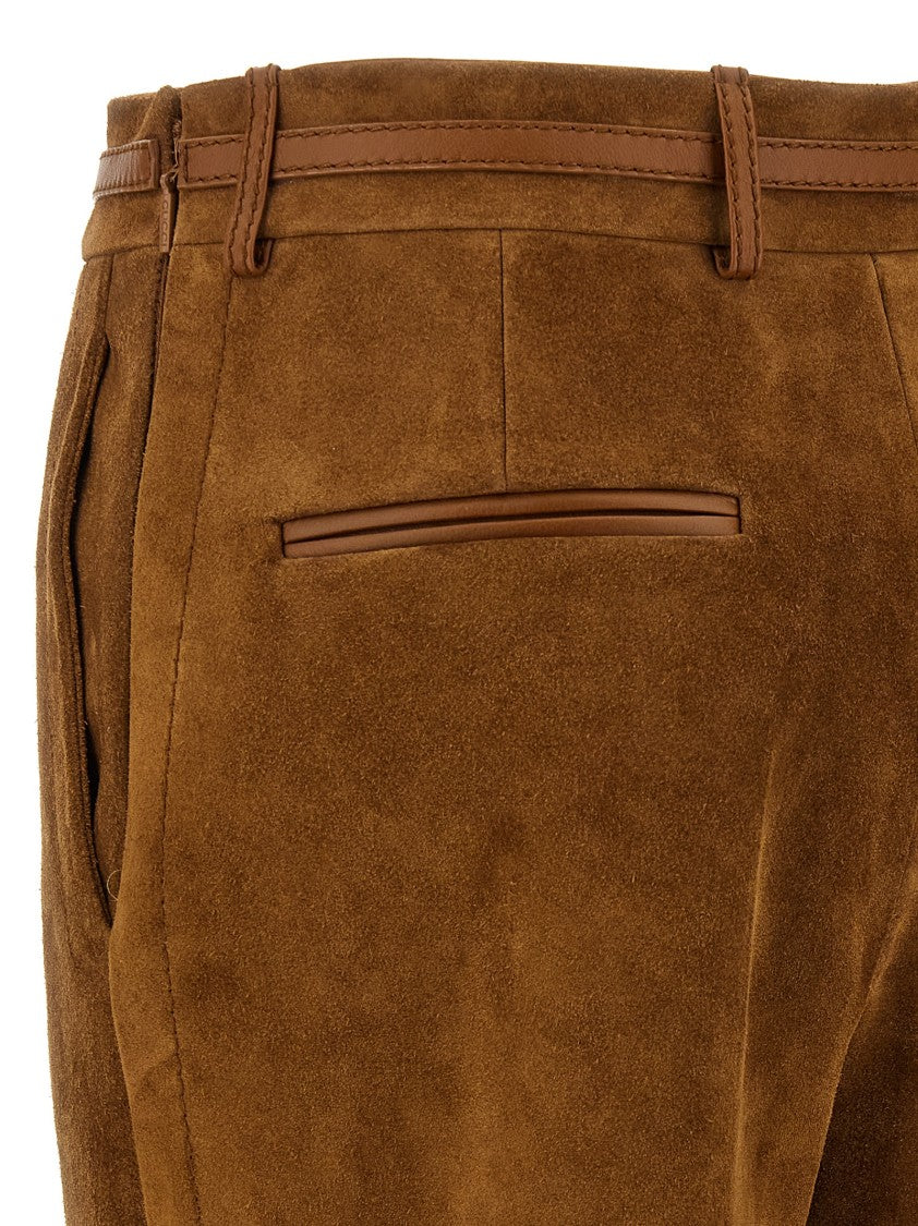 Gucci Brown Suede Pants With Leather Accents