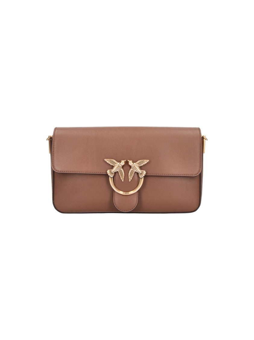 Pinko Brown Leather Love Birds Flap Shoulder Bag
