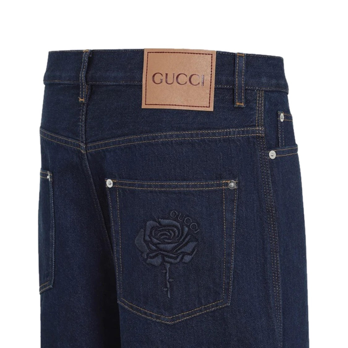 Gucci Blue Denim Pants With Rose Embroidery