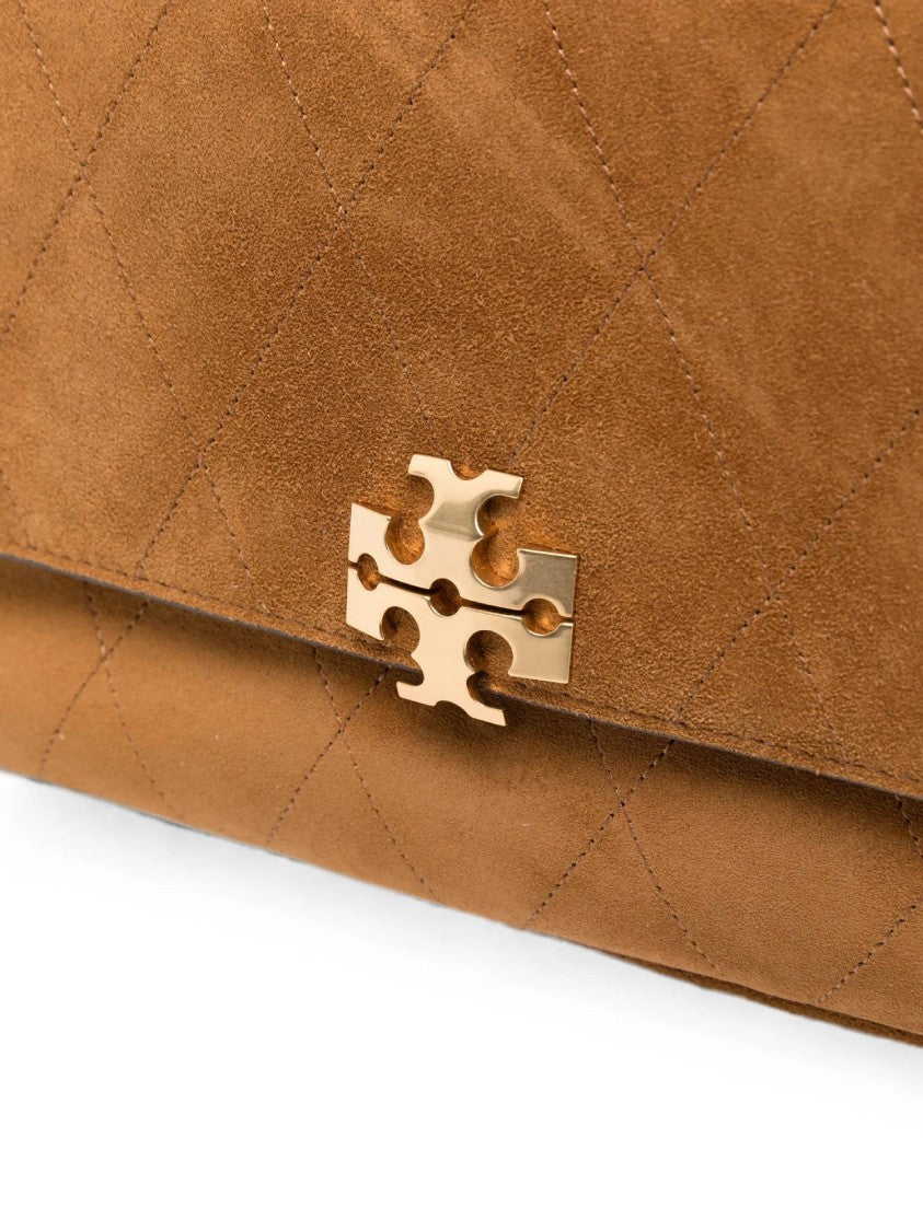 Tory Burch Charlie Quilted Metallic Logo Suede Shoulder Bag