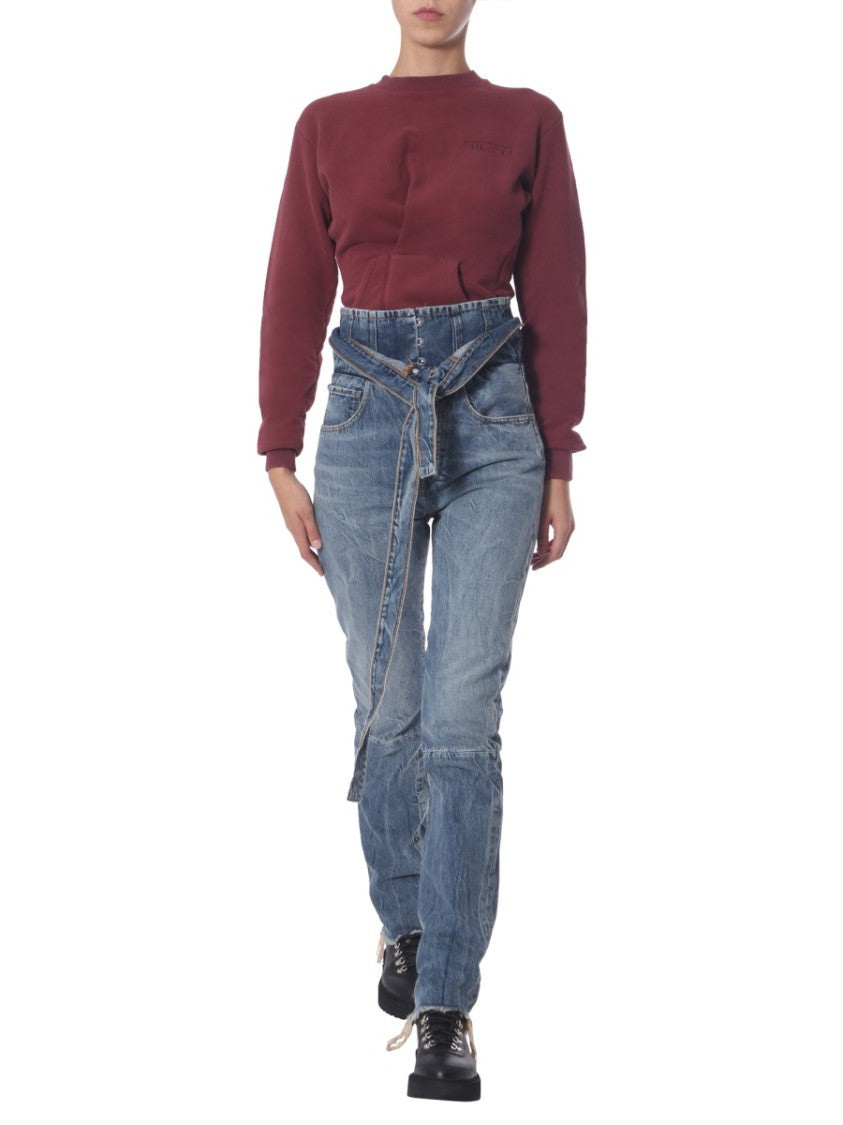 Unravel Project Asymmetrical Hem Burgundy Crew Neck Sweatshirt