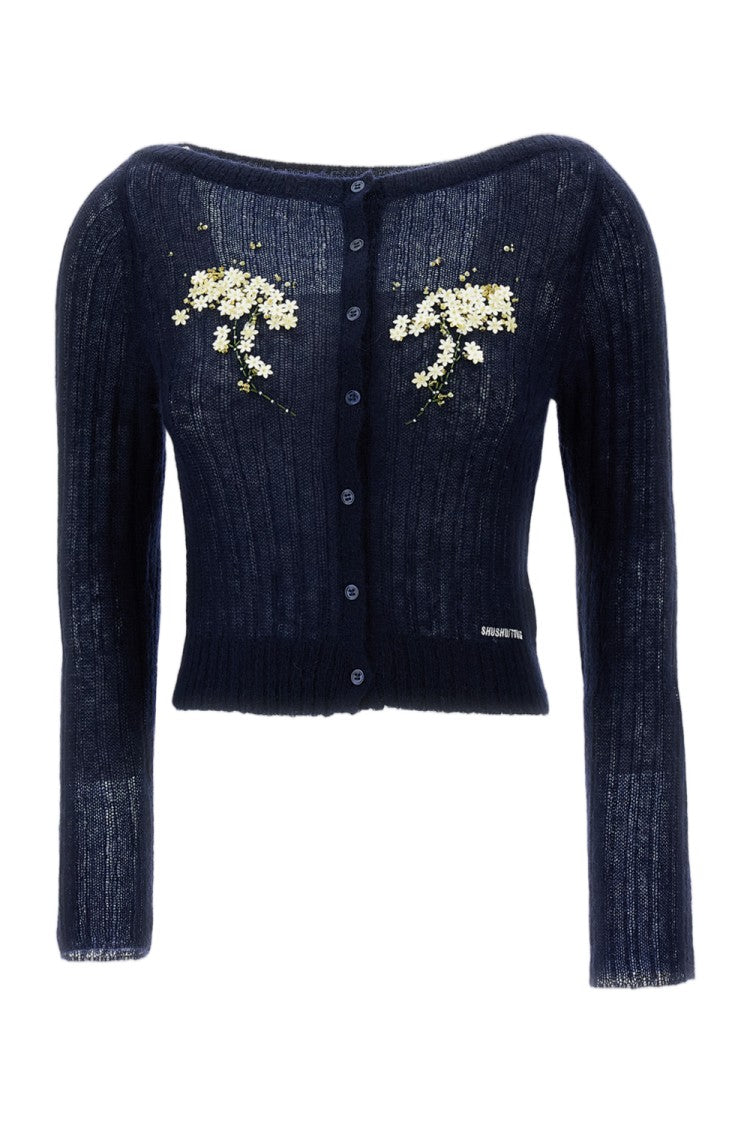 Shushu/Tong Blue Beaded Floral Embellished Wool-Blend Cardigan